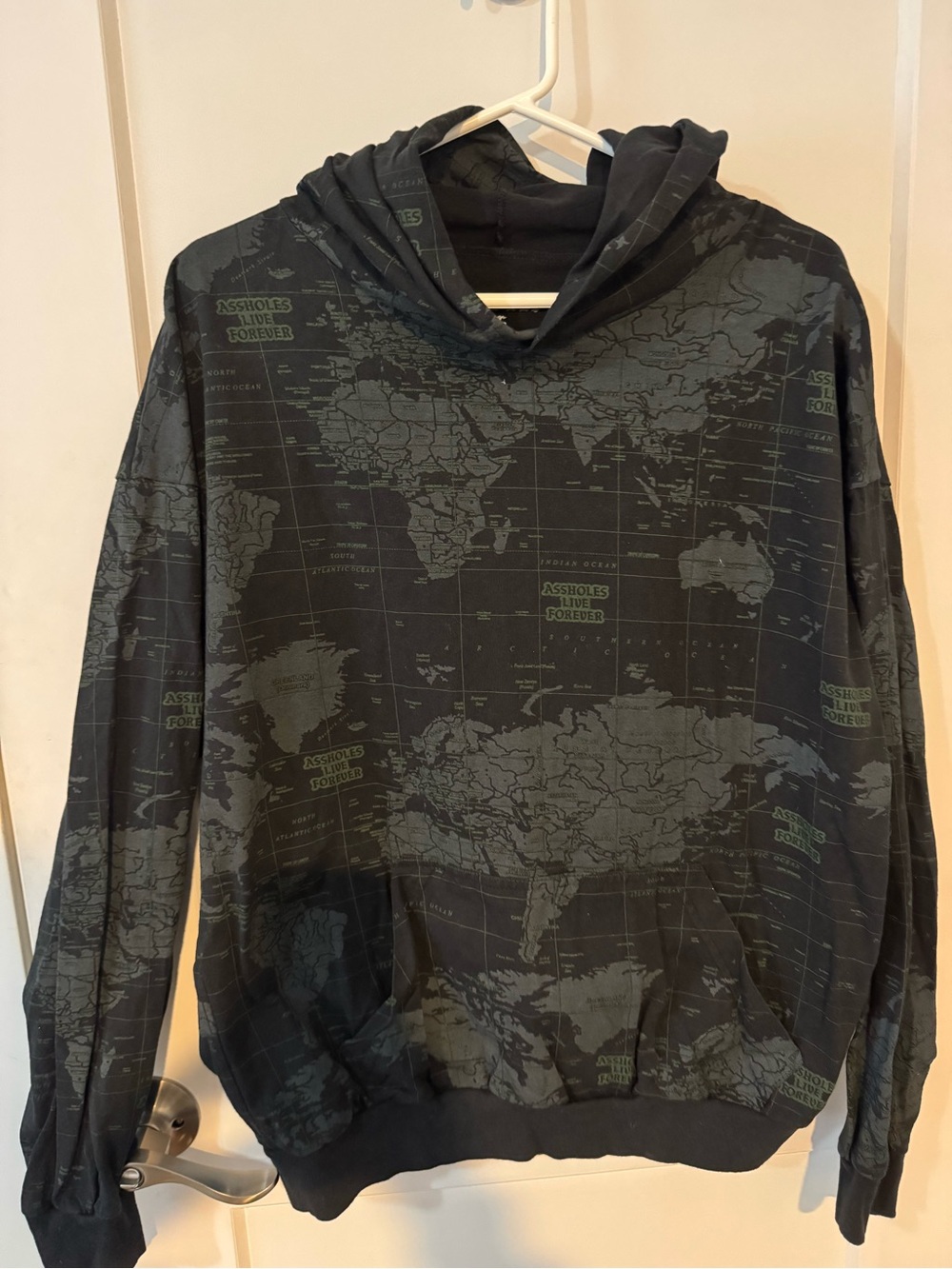 World MapAssholes Live Forever Graphic Hoodie in Black and Olive Green
